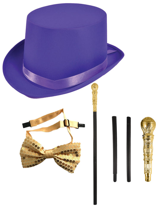 Elegant Satin Purple Top Hat with Gold Cane and Sequin Bow Tie Set