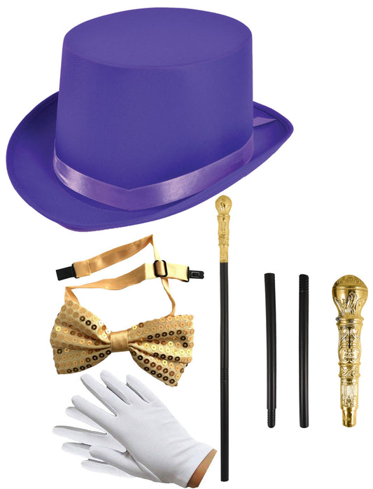 Elegant Satin Purple Top Hat with Gold Cane (3 Piece Set), Gold Sequin Bow Tie, and White Gloves - Perfect for Costume Parties and Special Events