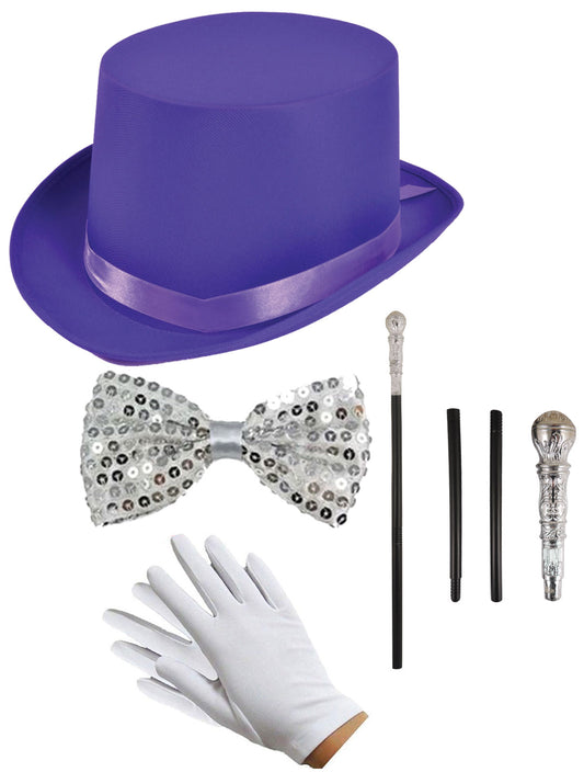 Elegant Satin Purple Top Hat with Silver Cane (3 Piece Set), White Sequin Bow Tie, and White Gloves - Perfect for Costume Parties and Special Events
