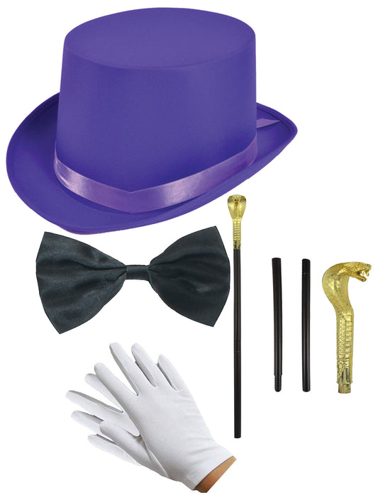 Elegant Satin Purple Top Hat with Snake Head Sceptre (3 Piece Set), Black Bow Tie, and White Gloves - Perfect for Costume Parties and Special Events