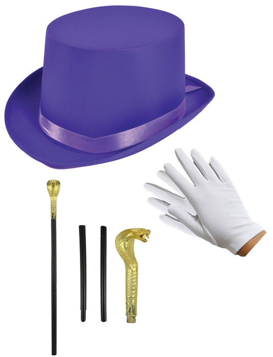 Elegant Satin Purple Top Hat with Snake Head Sceptre (3 Piece Set) and White Gloves - Perfect for Costume Parties and Special Events