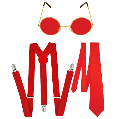 Red Neck Tie, Plain Braces (2.5 cm), and Adult Red Lens Glasses with Gold Frame - Stylish Set for a Bold and Trendy Look