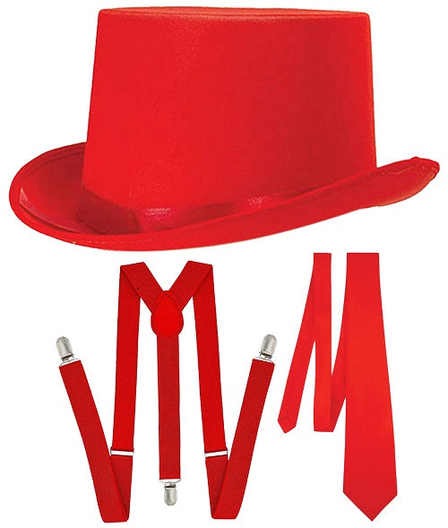 Sophisticated Red Satin Top Hat, Tie, and Braces Set Elevate Your Ensemble