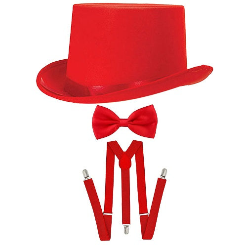 Out in Elegance Red Satin Top Hat with Adjustable Braces and Bow Tie Set - Perfect for Formal Events, Weddings, and Parties - ElStand evate Your Look with Sophisticated Style and Premium Quality Accessories