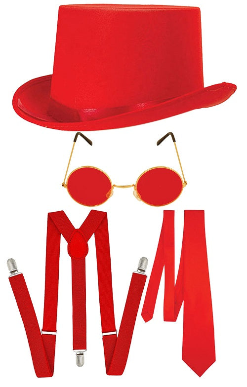 Stand Out in Style Red Satin Top Hat, Matching Tie, Adjustable Braces & Classic Round Glasses Set - Elevate Your Ensemble for Weddings, Parties, and Special Occasions