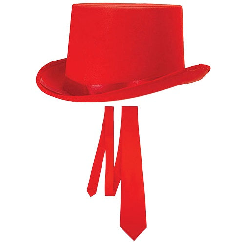 Premium Red Satin Top Hat and Matching Tie Set Elevate Your Formal Look with Sophisticated Style and Elegance - Perfect for Weddings, Parties, and Special Occasions