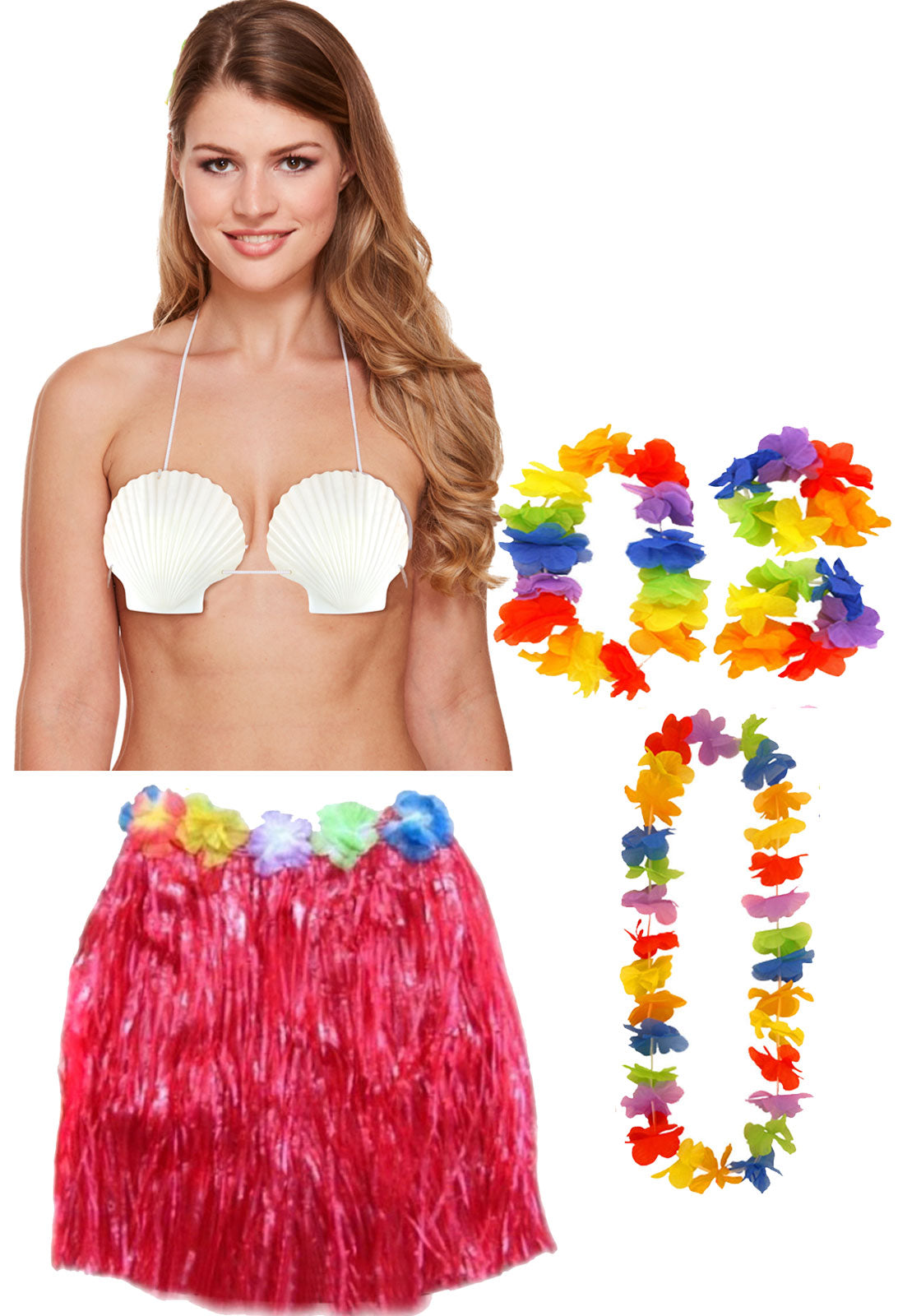 Hula Skirt 40 cm Sea Shell Bra 4 Pcs Lei Set Ladies Hawaiian Summer Beach Party Fancy Dress