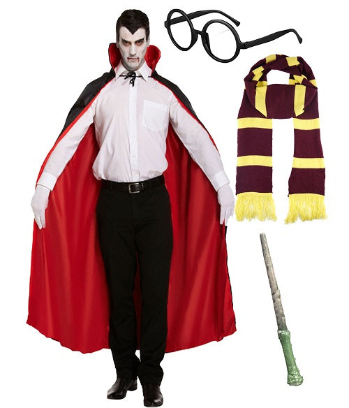 Adult Reversible Cape with Scarf, Glasses, and Wand - Complete Costume Set for Magical Dress-Up and Themed Events