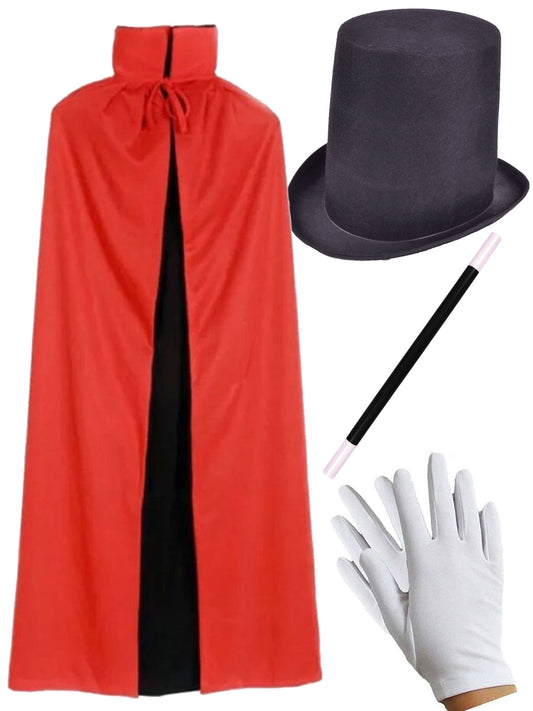 Complete Costume Set: Adult Reversible Cape, Stovepipe Top Hat, Magic Wand (26.5cm), White Gloves - Transform Your Look with Elegance and Enchantment