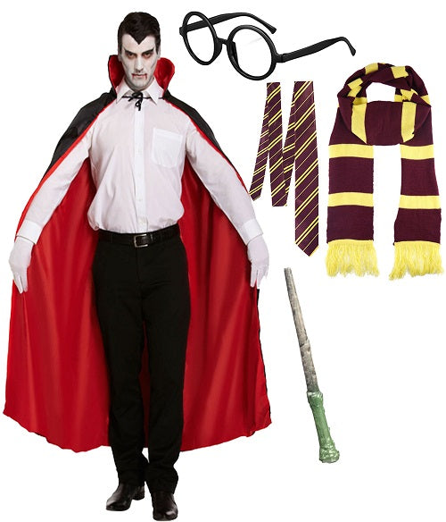 Adult Reversible Cape with Scarf, Tie, Glasses, and Wand - Complete Costume Set for Elegant Dress-Up and Themed Events