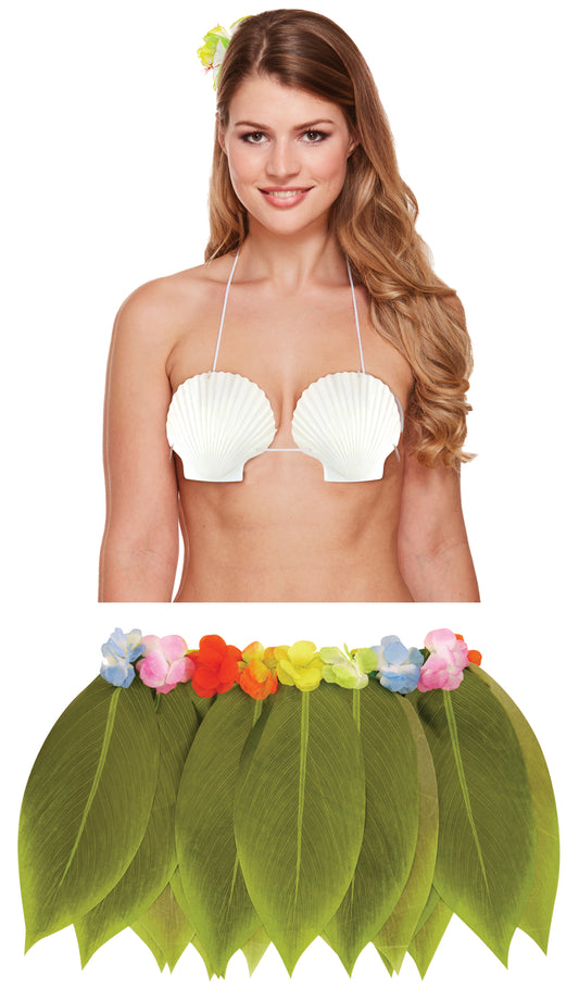 Hawaiian White Sea Shell Bra with Green Hula Leaf Skirt with Flowers Ladies Hula Beach Party Fancy Dress
