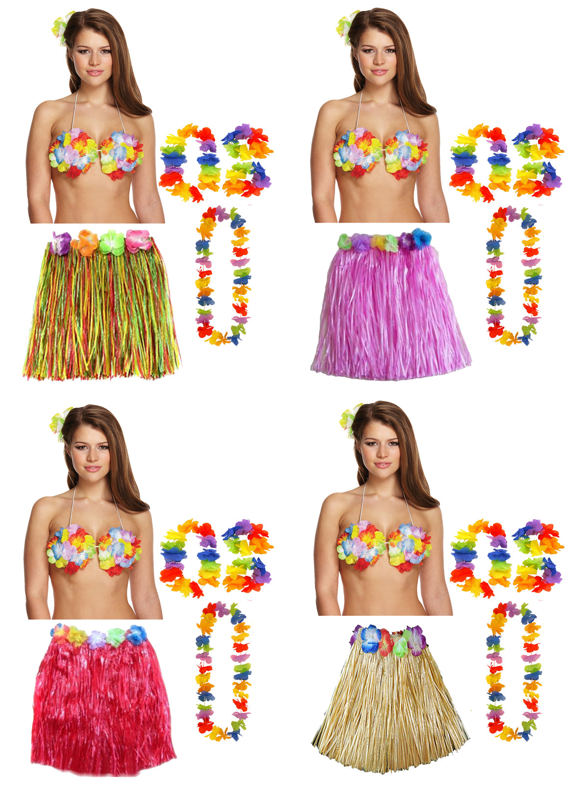 Hula Grass Skirt 40 Cm with Flower Bra Ladies Girls Hawaiian Summer Beach Party Fancy Dress Costume Set