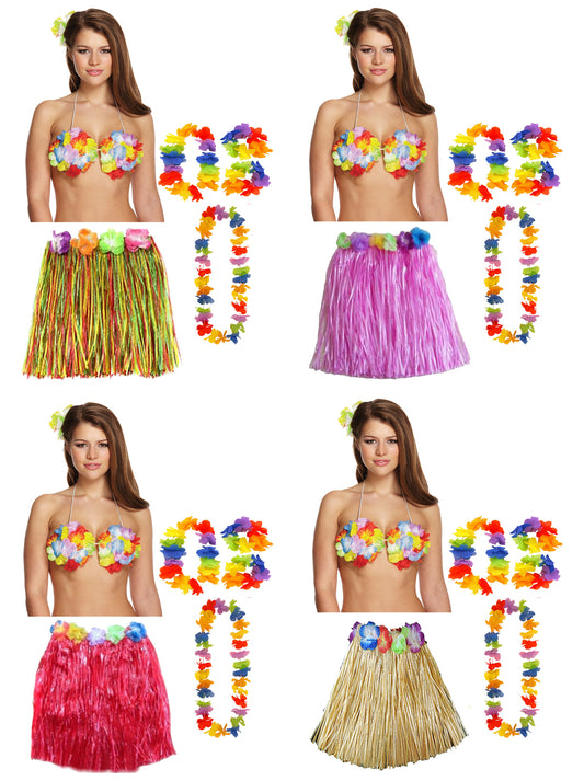 Hula Grass Skirt 40 Cm with Flower Bra Ladies Girls Hawaiian Summer Beach Party Fancy Dress Costume Set