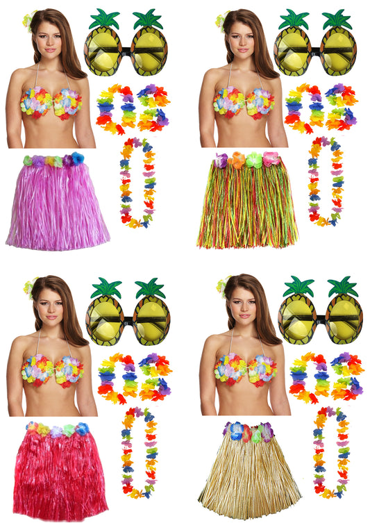 Hula Grass Skirt Flower Bra 4 Pcs Lei Set Pineapple Glasses Ladies Hawaiian Hula Fancy Dress Party Costume