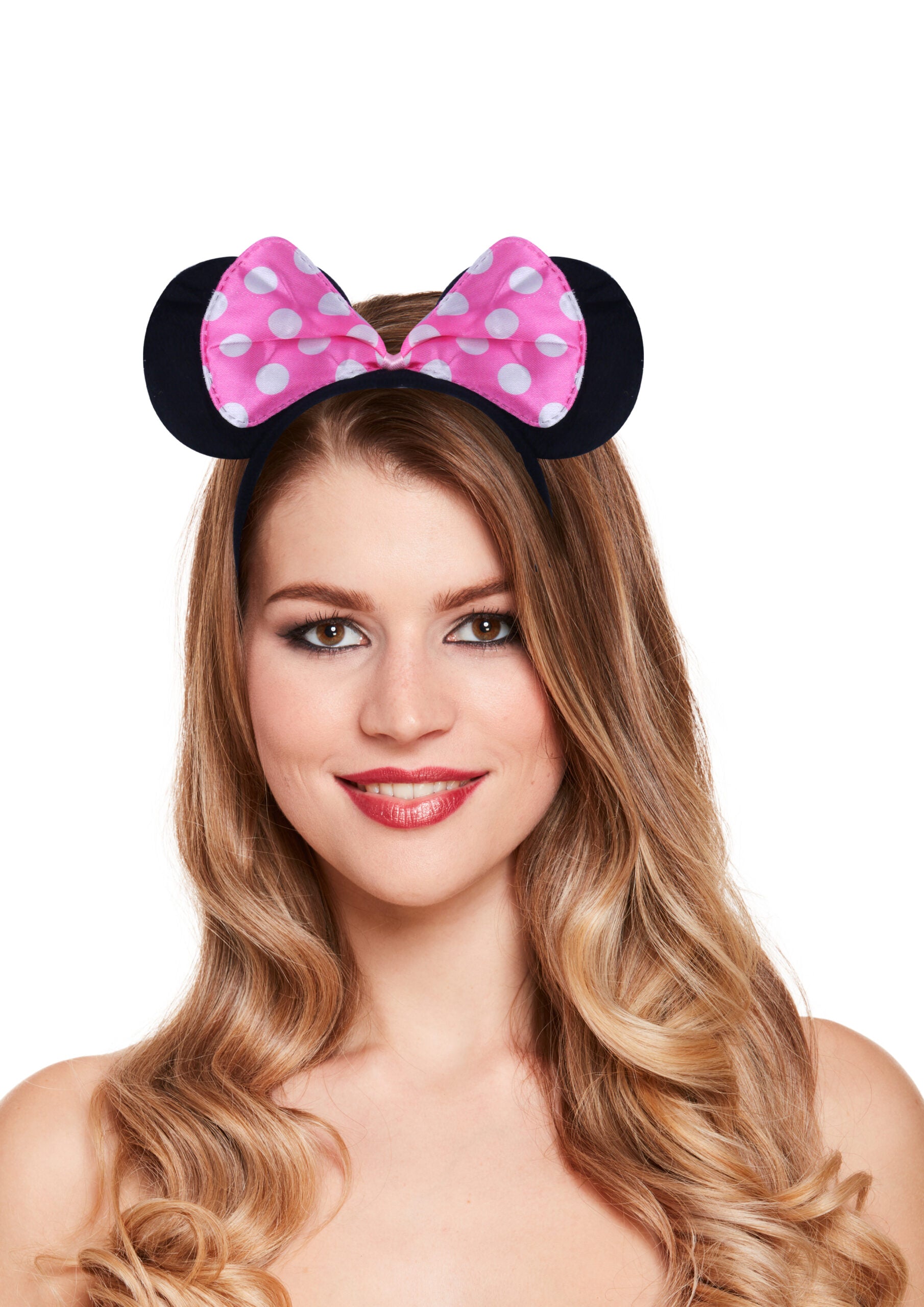 Mouse ears headband with pink and white polka dot bow worn