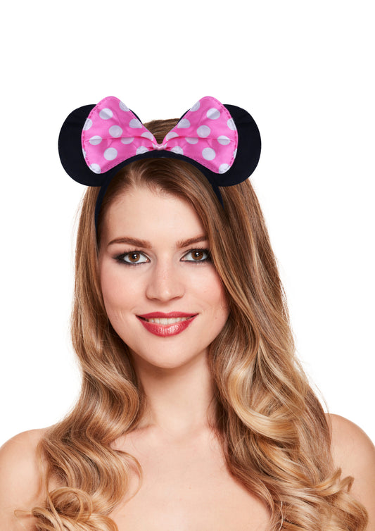 Mouse ears headband with pink and white polka dot bow worn