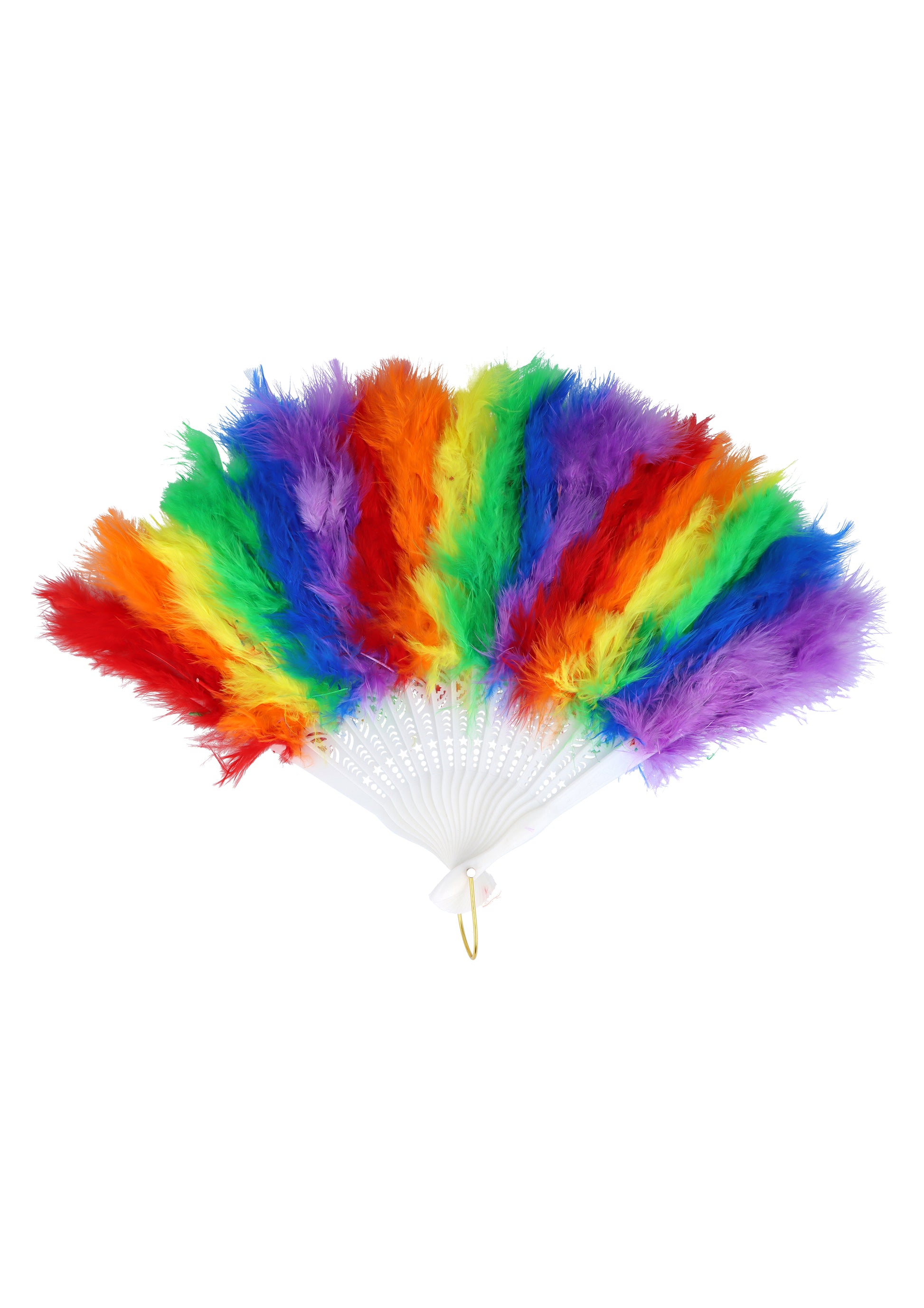 Rainbow Pride folding feather fan with white handle