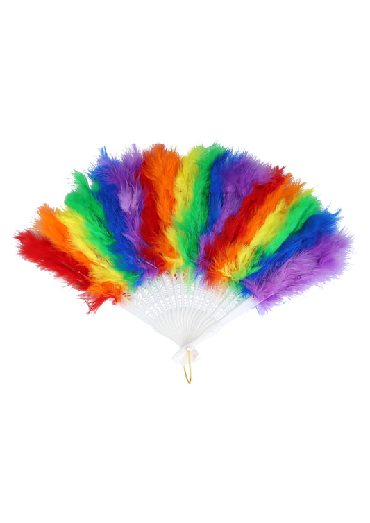 Rainbow Pride folding feather fan with white handle