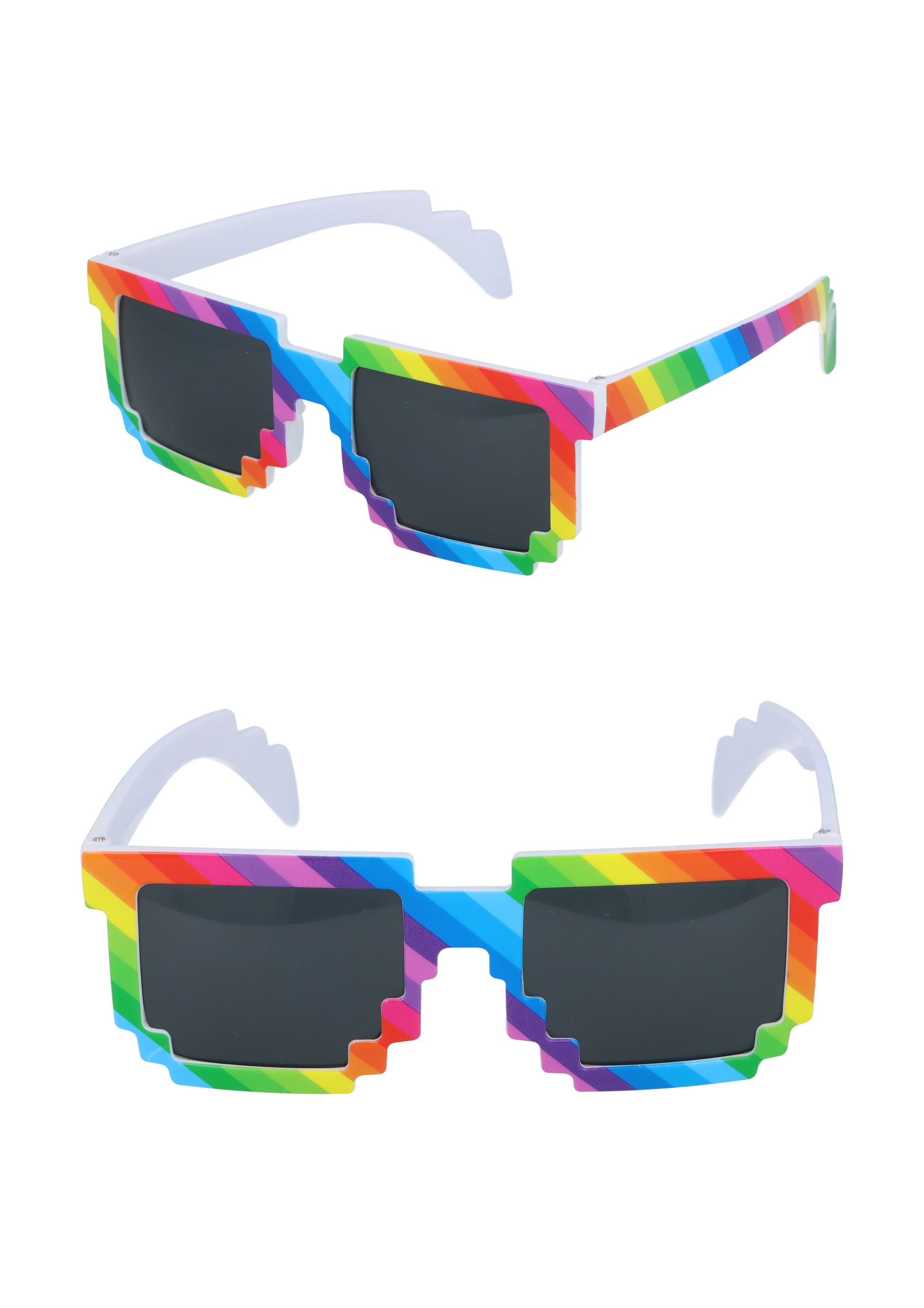 Rainbow Pride pixel frame glasses with dark lenses