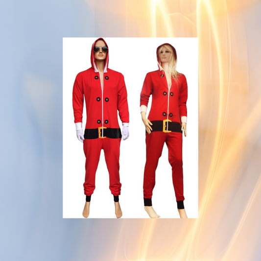Adult Christmas Santa Claus Onesie Costume - Festive Red Suit with Belt & Hat for Men and Women