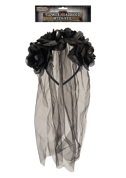 Gothic bride headband with black flowers and veil