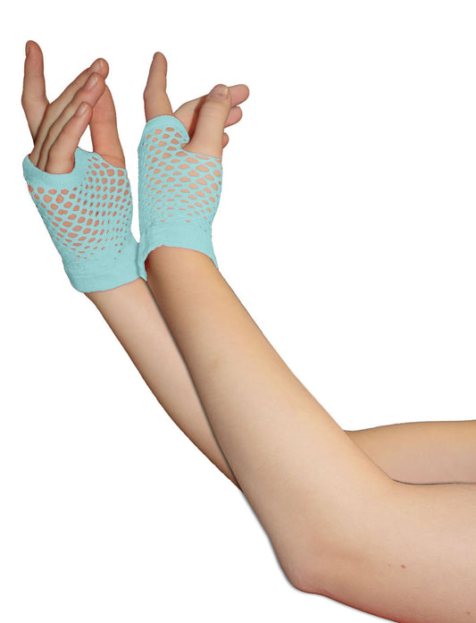 Light Blue  Fingerless Short Fishnet Gloves - Elegant Silver Party Gloves (One Size)
