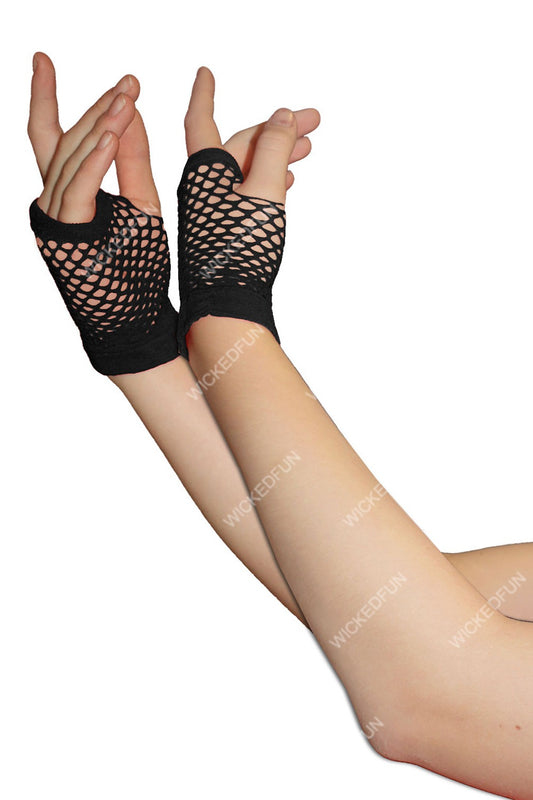 Black Fingerless Short Fishnet Gloves - Elegant Party Gloves (One Size)