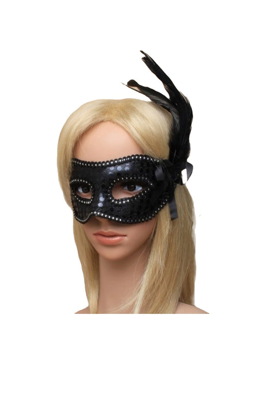 lack Sequin and Feather Mask - Glamorous Elegance for Masquerade Charisma