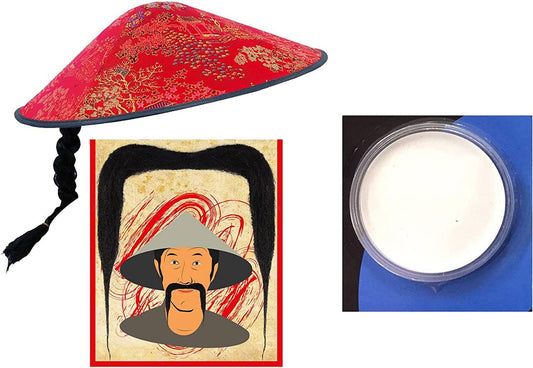 "Embrace Tradition: Red Coolie Hat with Moustache & Face Paint - Complete Chinese Party Costume