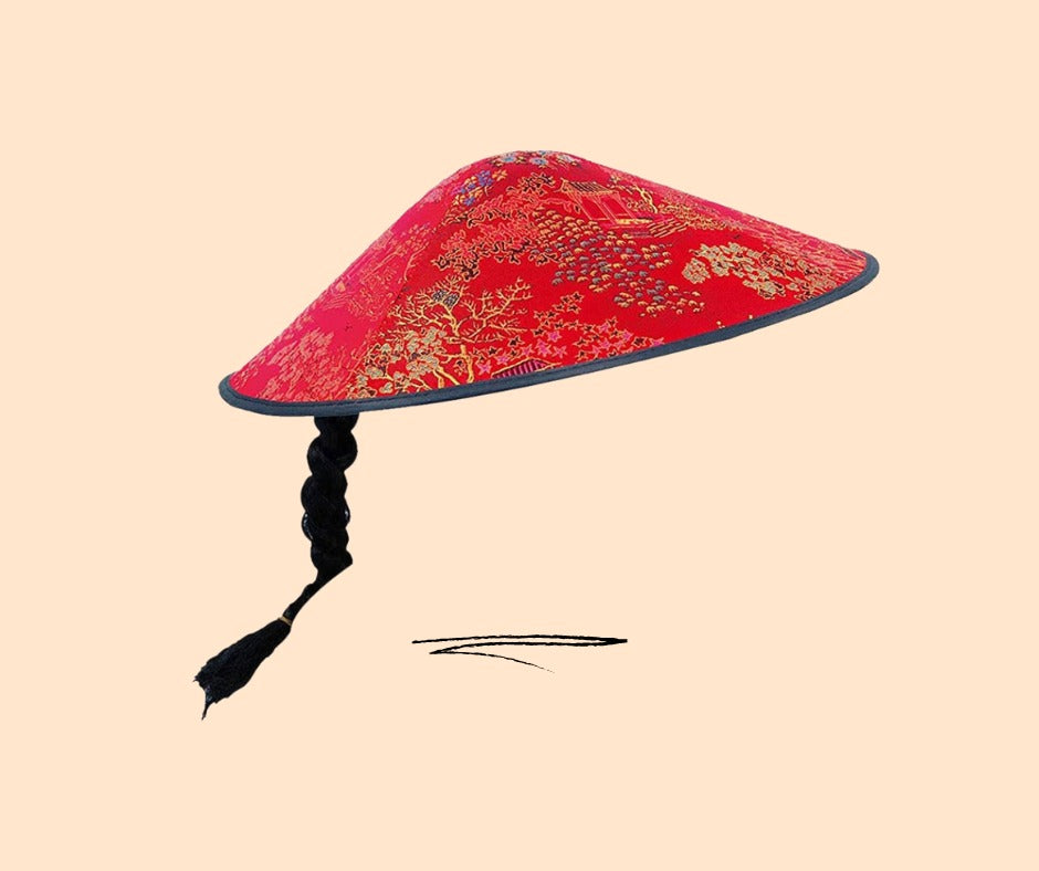 Experience Tradition: Authentic Red Chinese Coolie Hat with Plait - Perfect New Year Costume Accessory