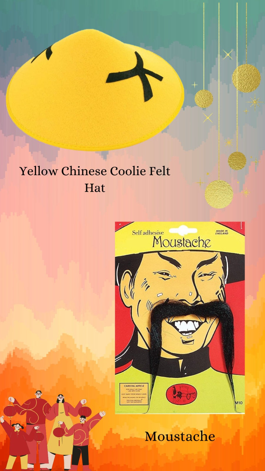 Authentic Charm: Yellow Chinese Coolie Felt Hat with Moustache - Mandarin Fancy Dress Accessory for Adults