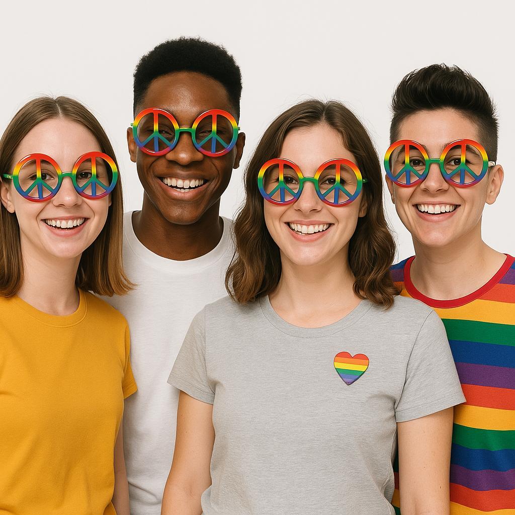 Pack of 8 Rainbow Peace Glasses – Retro Hippie Sunglasses with Colorful Peace Sign Frames for Pride Events, Festivals, and Costume Parties