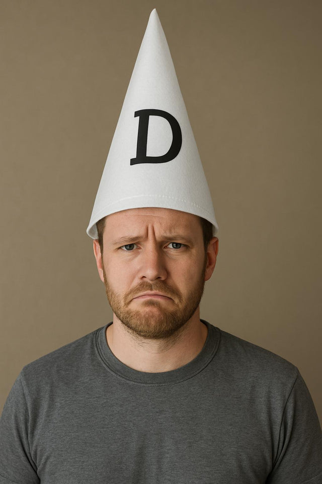 labreeze Mens Dunce Hat – Adult Cone Hat with DUNCE Print – Funny Fancy Dress Headwear for Retro School Costume, Book Day, Teacher Outfit, Comedy Skits and Parties