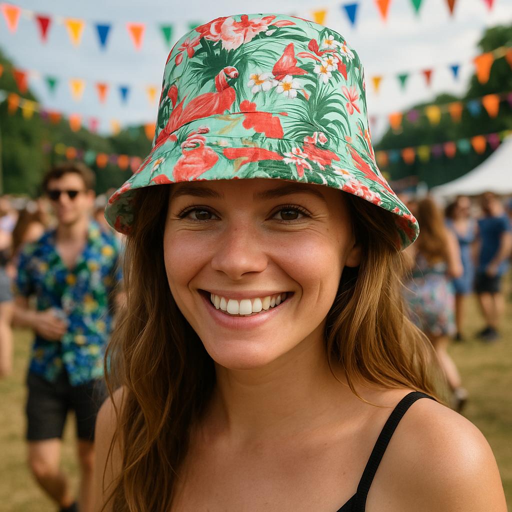 Women’s Flamingo Bucket Hat – Pink Tropical Summer Sun Hat with Palm Leaf Print – Fun Holiday, Beach, Pool & Festival Accessory by labreeze