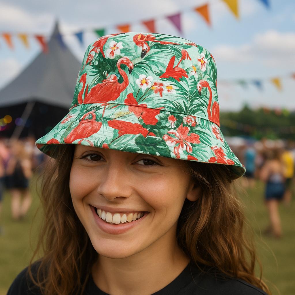 Women’s Flamingo Bucket Hat – Pink Tropical Summer Sun Hat with Palm Leaf Print – Fun Holiday, Beach, Pool & Festival Accessory by labreeze
