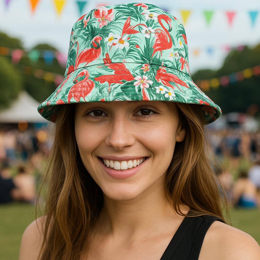 Set of 4 Festival Bucket Hats – Flamingo, Tie Dye, Multi Colour Leaf & Rasta Leaf – Unisex Summer Hats for Music Events, Beach Holidays, Parties & Outdoor Fun by labreeze
