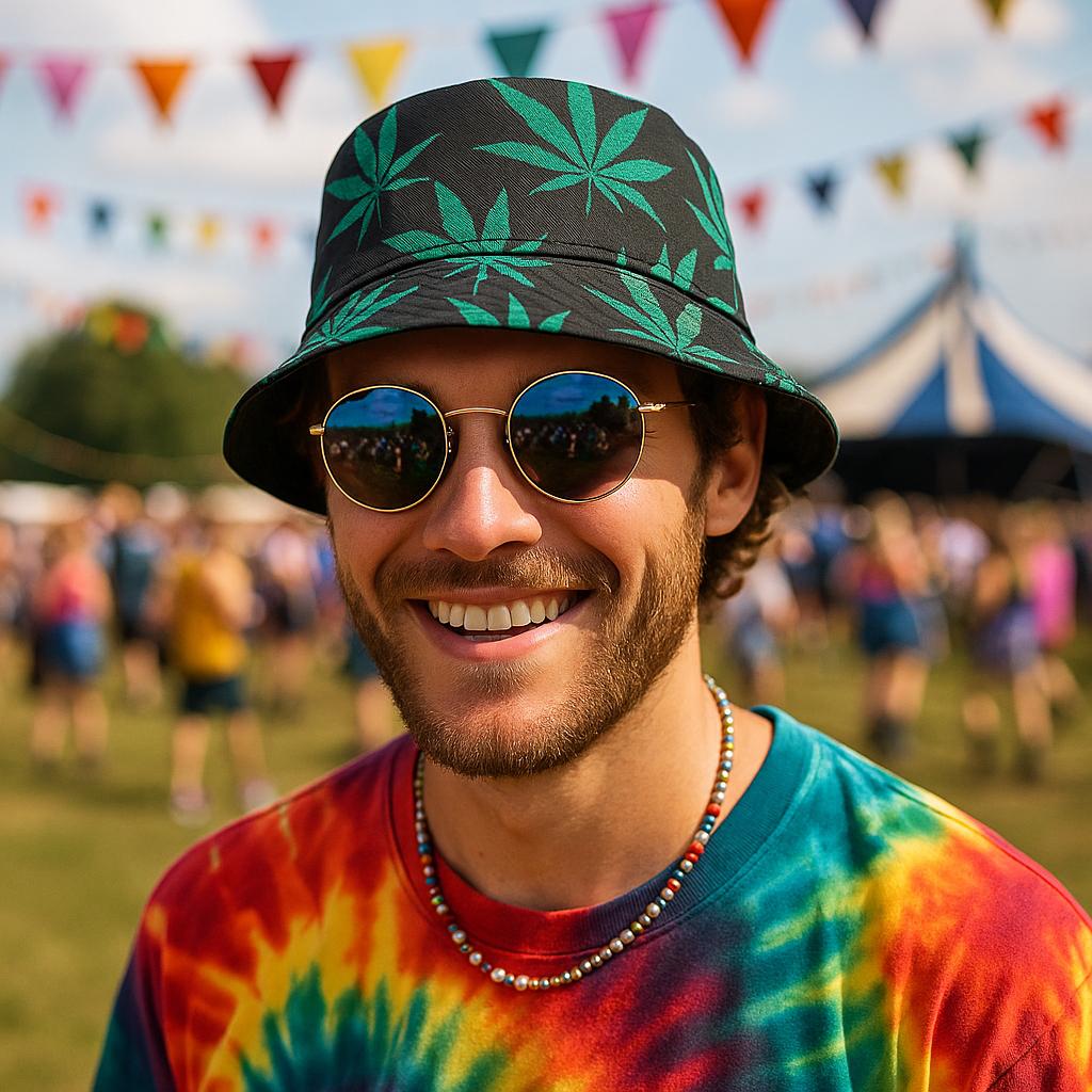 Men’s Rasta Leaf Bucket Hat – Black Reggae Festival Cap with Bob Marley Style – Unisex Summer Hat for Music Events, Raves, Beach Parties & Holidays