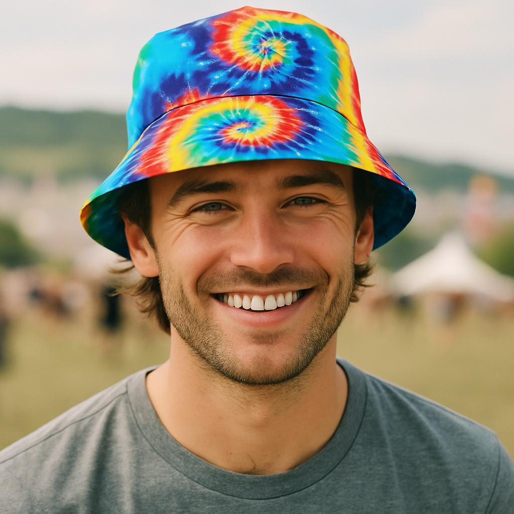 Men’s Tie Dye Bucket Hat – Colourful Festival Cap for Summer, Beach Holidays, Raves & Music Events – Retro 90s Fisherman Style Hat by labreeze