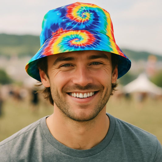 Men’s Tie Dye Bucket Hat – Colourful Festival Cap for Summer, Beach Holidays, Raves & Music Events – Retro 90s Fisherman Style Hat by labreeze