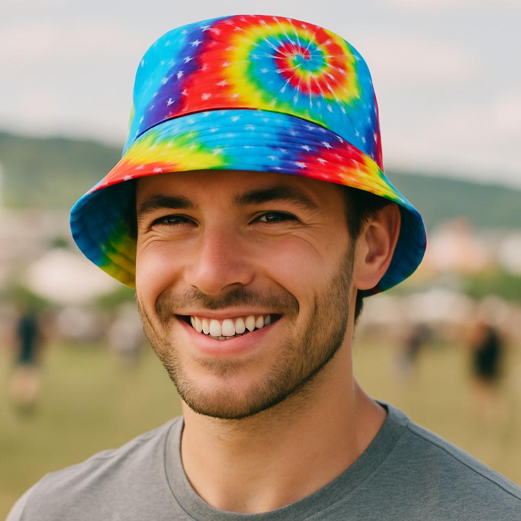 Men’s Tie Dye Bucket Hat – Colourful Festival Cap for Summer, Beach Holidays, Raves & Music Events – Retro 90s Fisherman Style Hat by labreeze