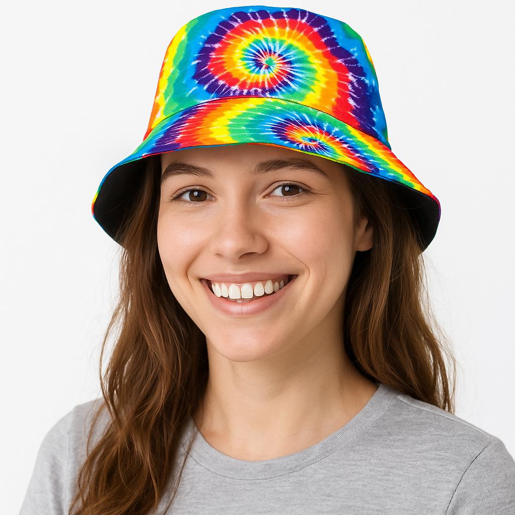 Women’s Tie Dye Bucket Hat – Colourful 90s Festival Hat for Summer, Beach Holidays, Raves & Parties – Retro Fisherman Style Cap by labreeze