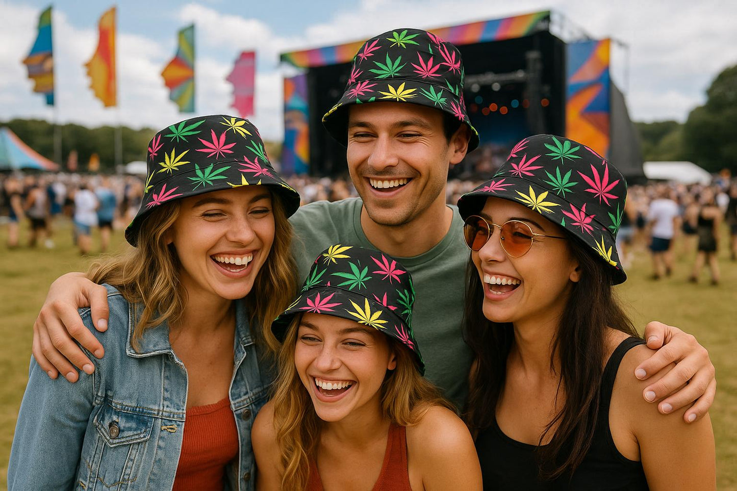 Set of 4 Multi Colour Leaf Bucket Hats – Reggae Rasta Festival Caps – Bob Marley Style Summer Hats for Music Events, Raves, Holidays & Beach Parties