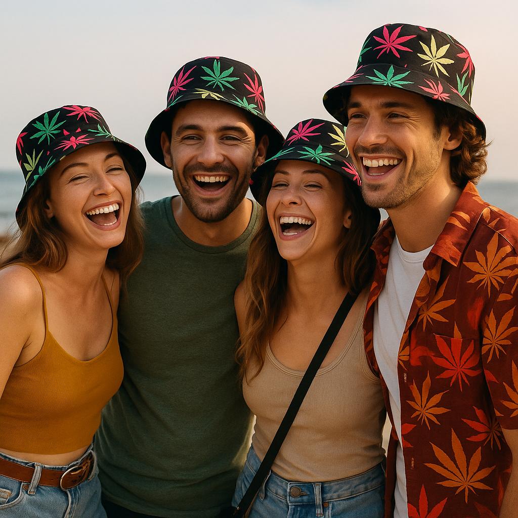 Set of 4 Multi Colour Leaf Bucket Hats – Reggae Rasta Festival Caps – Bob Marley Style Summer Hats for Music Events, Raves, Holidays & Beach Parties