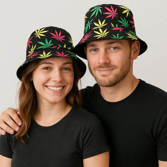 Couple’s Multi Colour Leaf Bucket Hat Set – 2 Reggae Rasta Festival Caps – Bob Marley Style Summer Hats for Music Events, Raves, Holidays & Beach Parties
