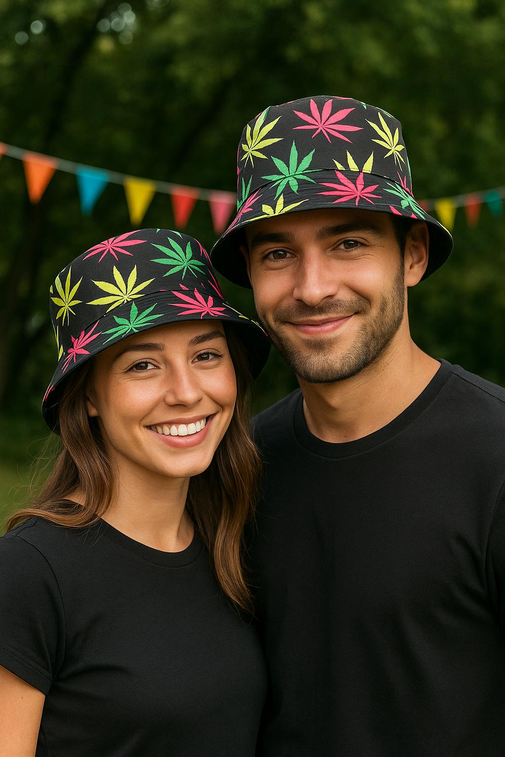 Set of 2 Multi Colour Leaf Bucket Hats – Reggae Rasta Festival Caps – Bob Marley Style Summer Hats for Music Events, Raves, Holidays & Beach Parties