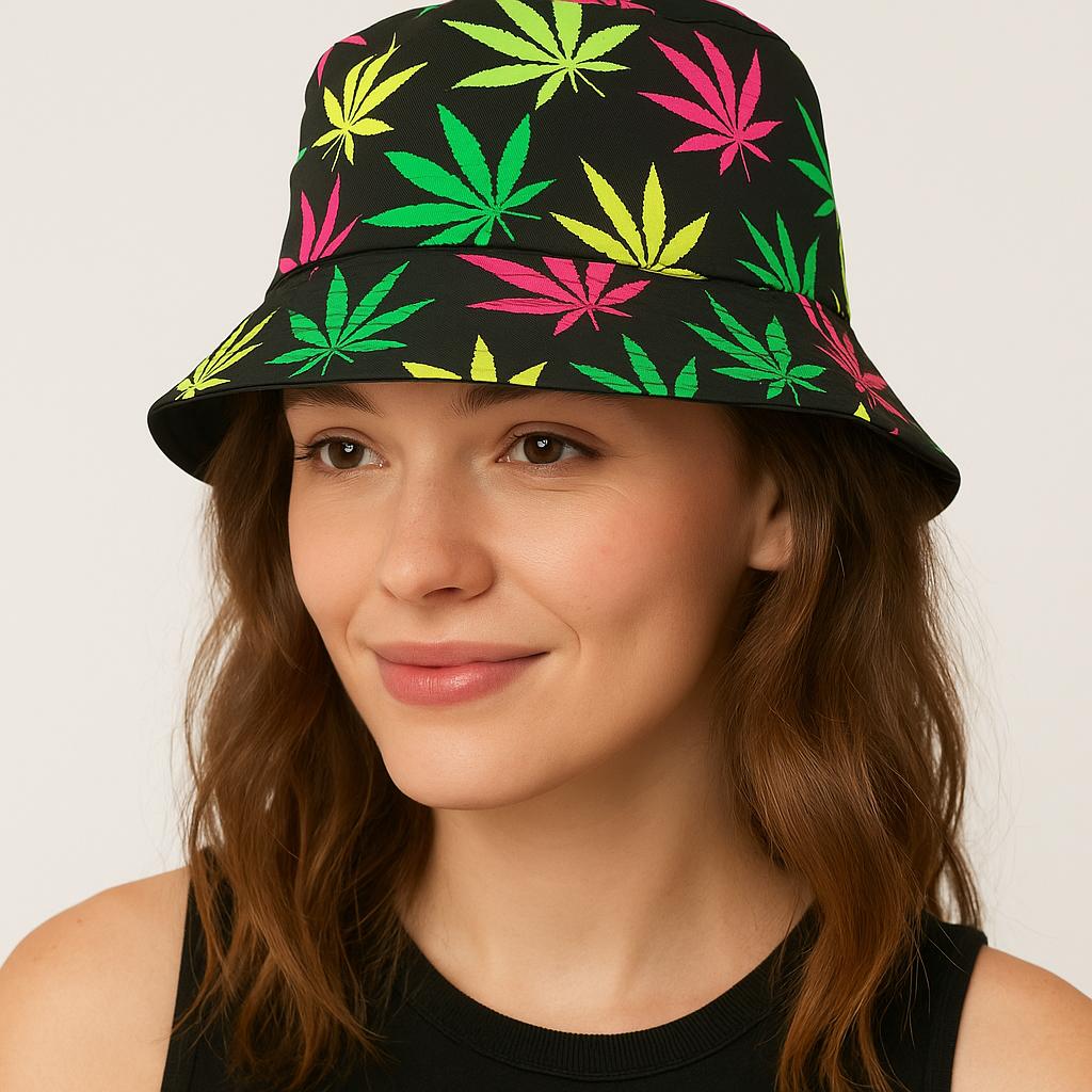 Couple’s Multi Colour Leaf Bucket Hat Set – 2 Reggae Rasta Festival Caps – Bob Marley Style Summer Hats for Music Events, Raves, Holidays & Beach Parties