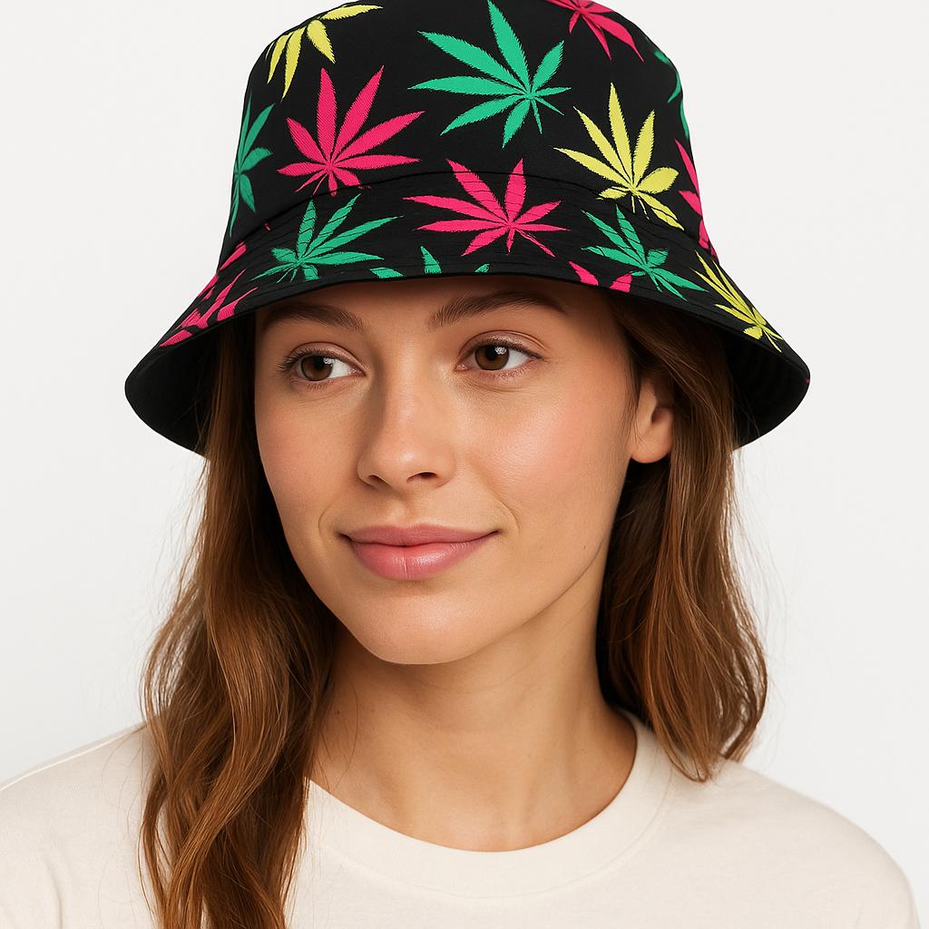 Women’s Multi Colour Leaf Bucket Hat – Reggae Rasta Festival Cap – Bob Marley Style Summer Hat for Music Events, Raves, Holidays & Beach Parties