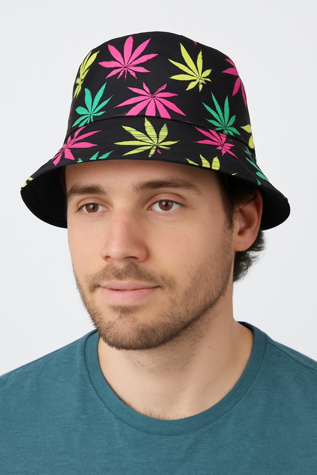 Set of 2 Multi Colour Leaf Bucket Hats – Reggae Rasta Festival Caps – Bob Marley Style Summer Hats for Music Events, Raves, Holidays & Beach Parties