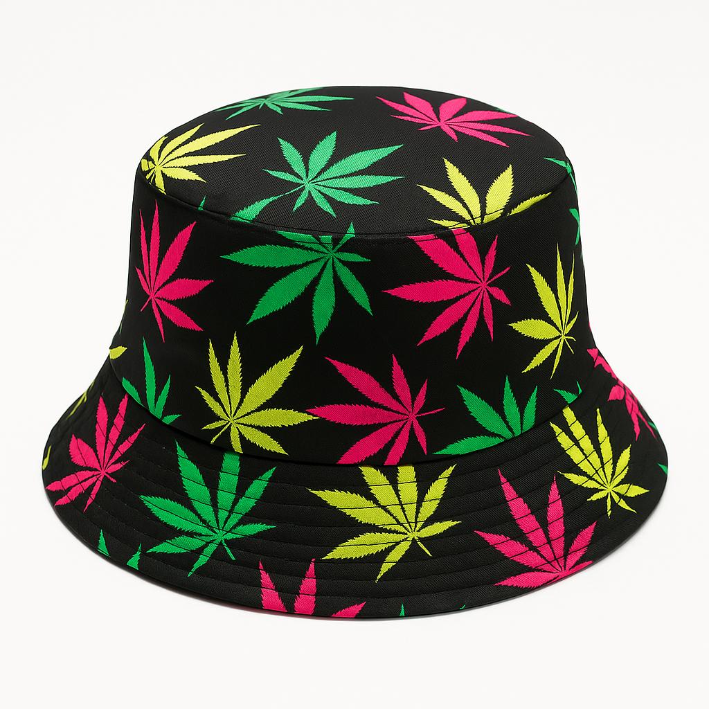 Set of 4 Multi Colour Leaf Bucket Hats – Reggae Rasta Festival Caps – Bob Marley Style Summer Hats for Music Events, Raves, Holidays & Beach Parties