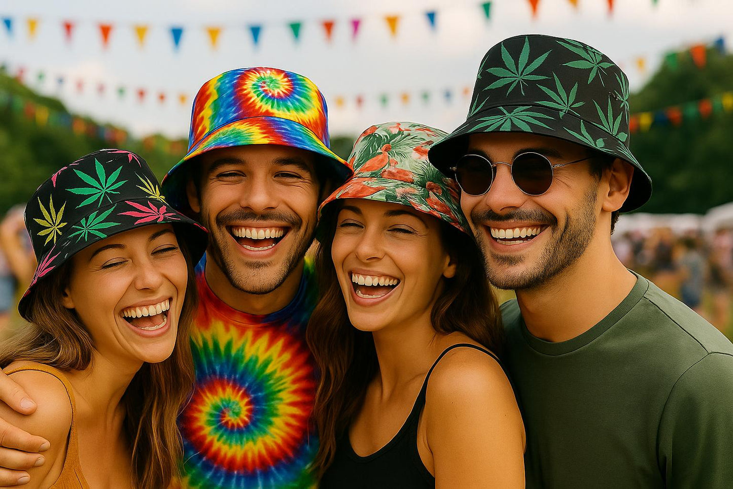Set of 4 Festival Bucket Hats – Flamingo, Tie Dye, Multi Colour Leaf & Rasta Leaf – Unisex Summer Hats for Music Events, Beach Holidays, Parties & Outdoor Fun by labreeze